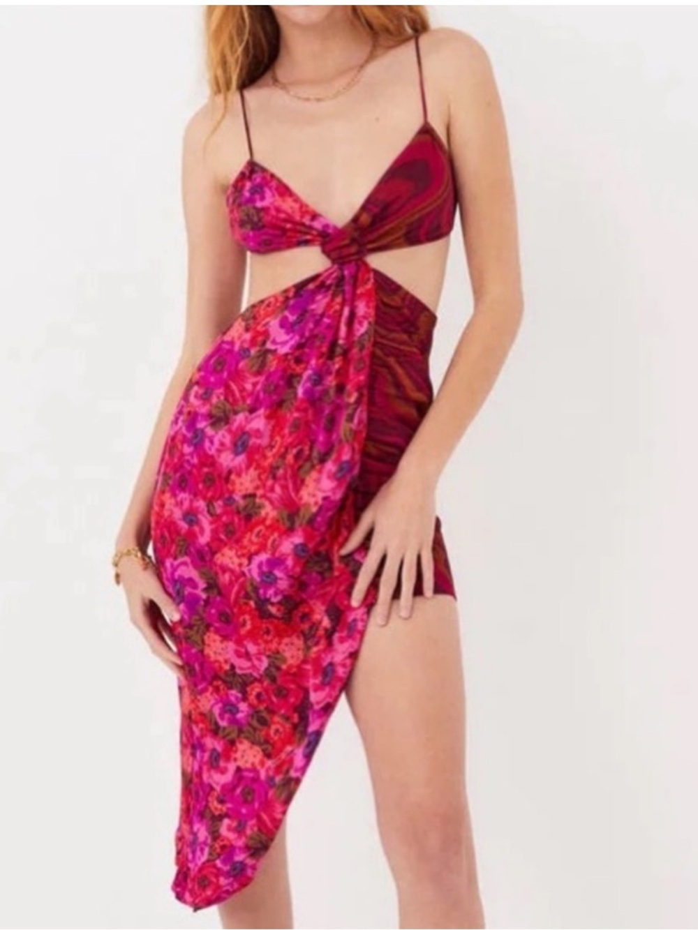 For Love & Lemons Rita Floral Cutout Asymmetrical MIDI Dress Size M NWT Tropical
